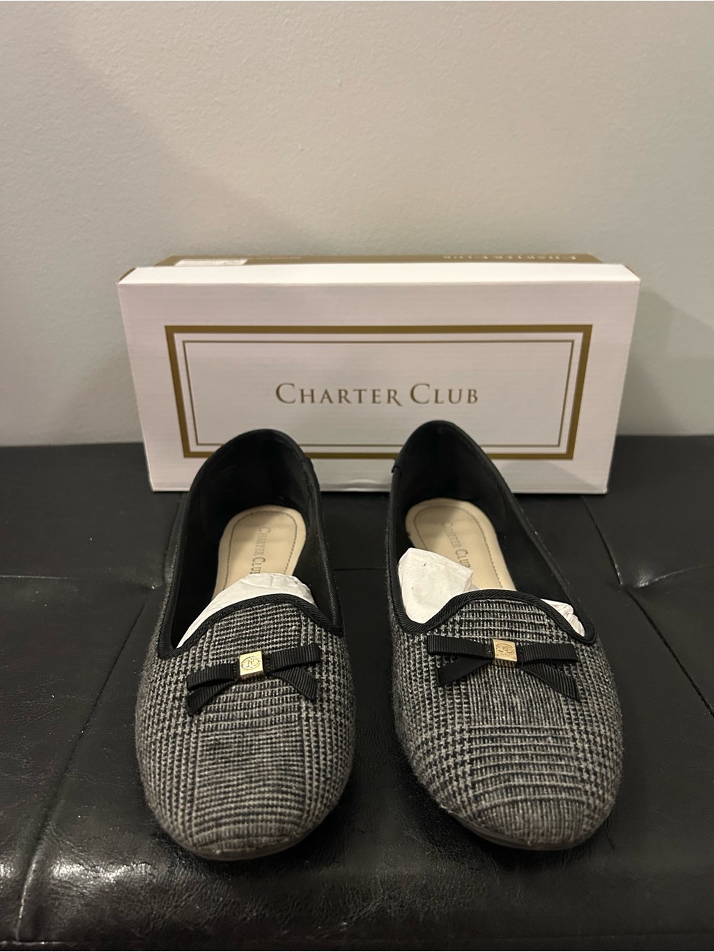 Charter Club Black and Gray Plaid Bow Loafers